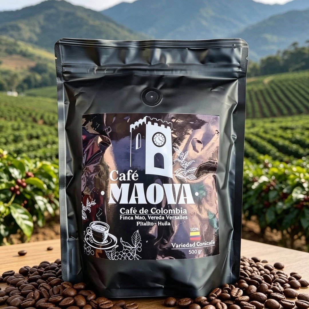 Bolsa de Café MAOVA frente a un cafetal en las montañas